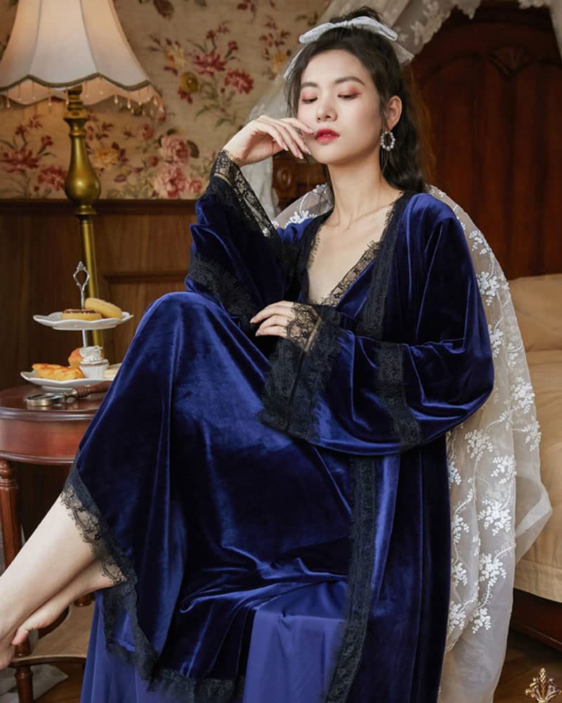 DAIHAN Mujer Conjunto de Pijama Victoriano Palace Manga Larga Camisones de Encaje Camisón Largo Invierno Bata de Dormir de Terciopelo y Vestido Lencero Traje con Ribete de Encaje