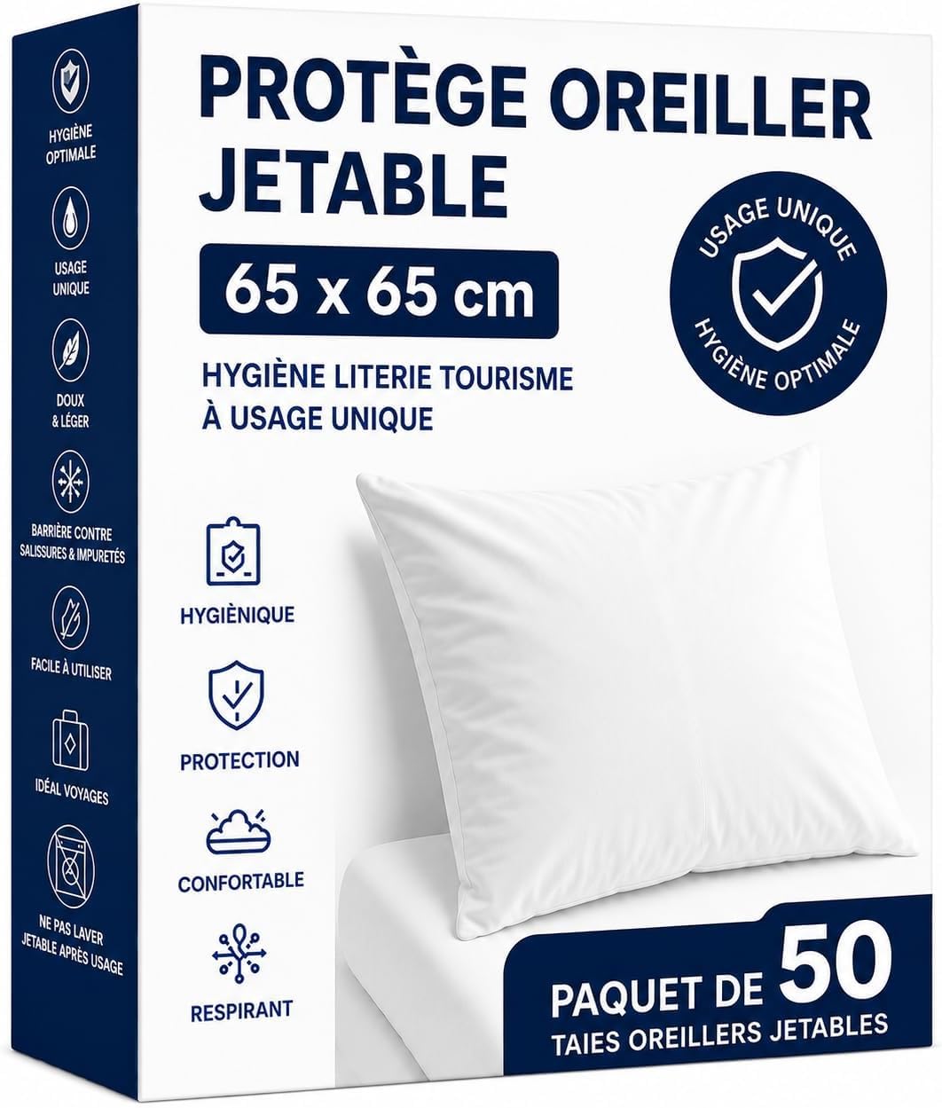 Protège-Oreiller 65x65 cm – Lot de 50 Taies Jetables – Housse de Protection Coussin à Usage Unique – Hygiène Literie – Idéal Campings, Hôtels, Gîtes & Locations Saisonnières