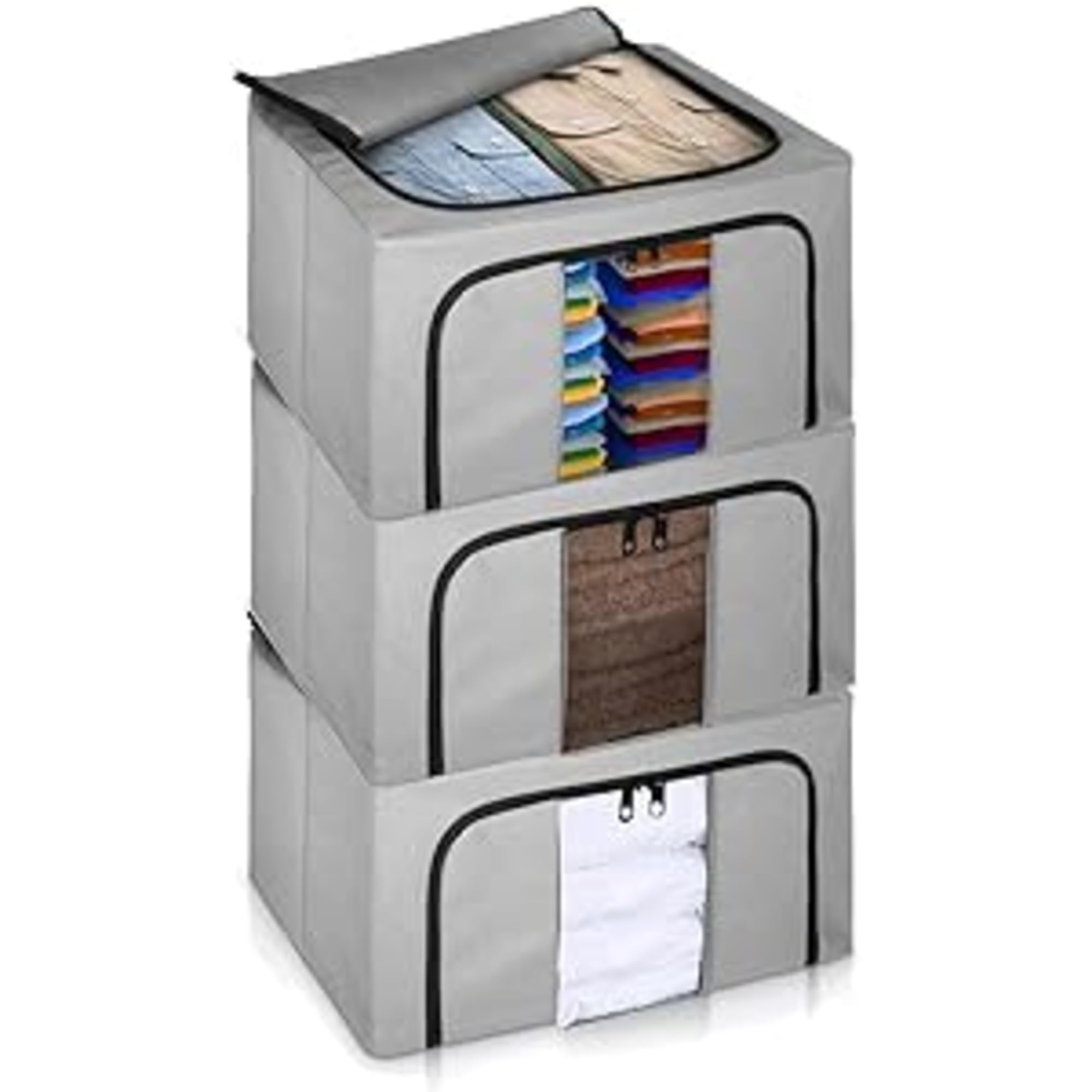 LIVIVO Set of 3 Storage Bags Boxes Organiser With Double Opening Zips Clear Windows Great for Storing Duvets Blankets, Bedding, Clothes Towels, Sweaters Toys - Under Bed Closet Wardrobe Box