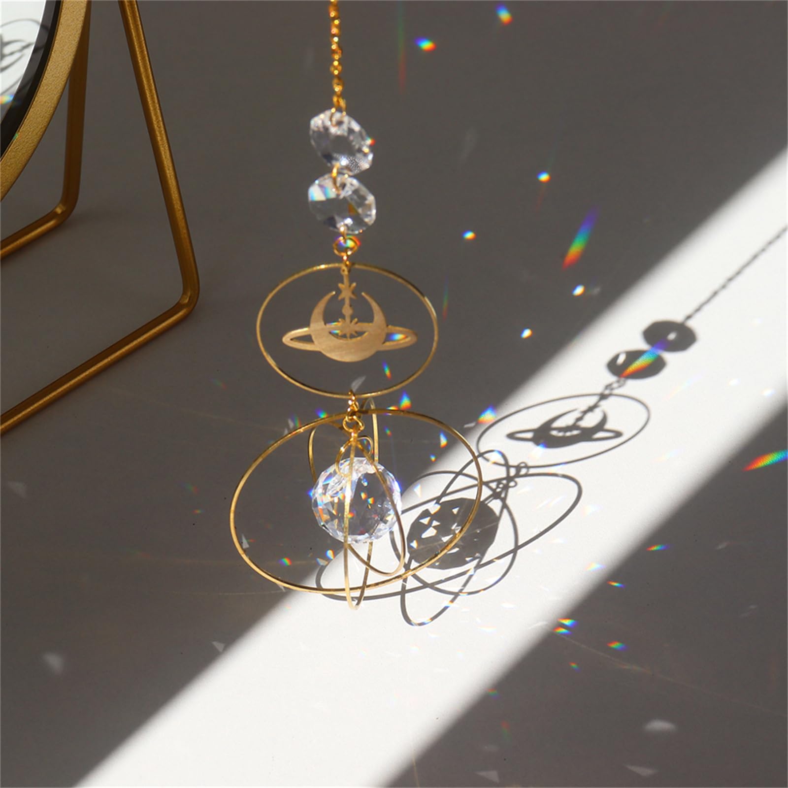 Crystal Suncatcher for Windows, Hanging Sun Catcher with Chain Pendant Rainbow Ornament Crystal Ball and Brass Circles, Glass Ball Prism Sun Catcher for Window Home Garden Wedding Party Decoration