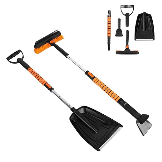 Ice Scraper and Snow Brush for Car, 5-in-1 Extendable Snow Removal Tool with Ergonomic Foam Grip, Detachable 180° Pivoting Brush Ice Shovel for Car Truck SUV Windshield