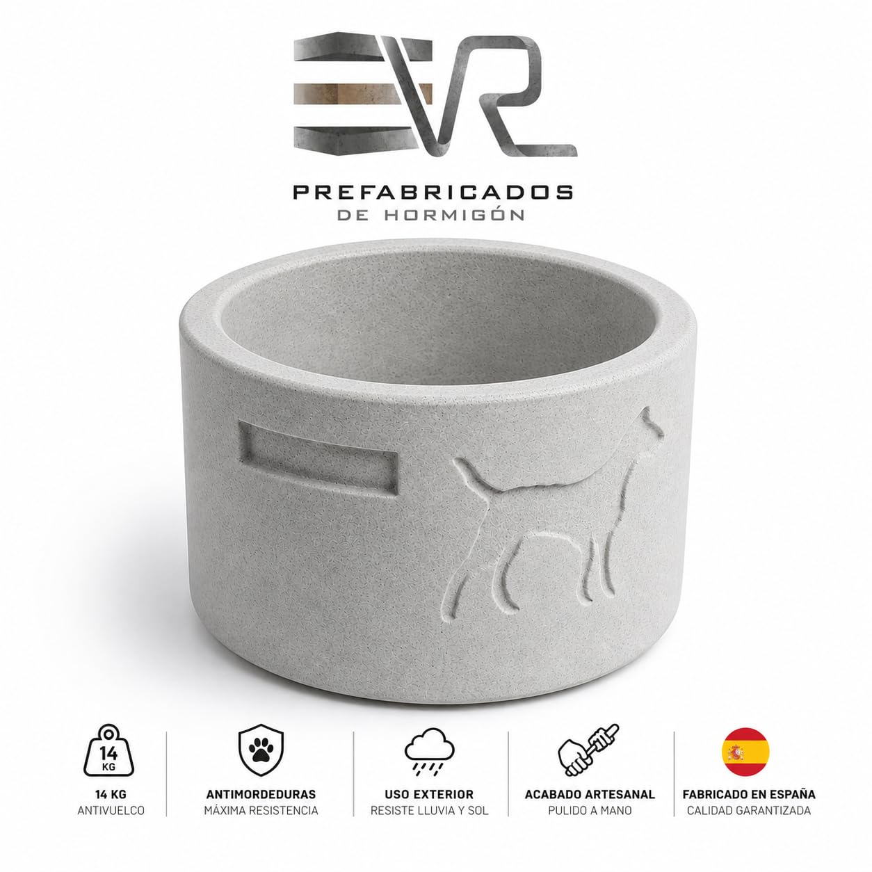 VR Prefabricados Comedero y Bebedero de Hormigón Antivuelco para Perros | Antimordeduras | Resistente para Exterior | Fabricado en España | Diseño Premium | Terminado a Mano.