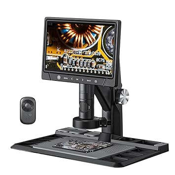 SZJMS Parfocal Lens Digital Microscope, IPS Touch Screen Coin Microscope, 1080P 12MP 1600X Soldering Microscope with 30 Adjustable LED Lights 128GB TF Card for Windows/Mac/PC (10.1 Inch)