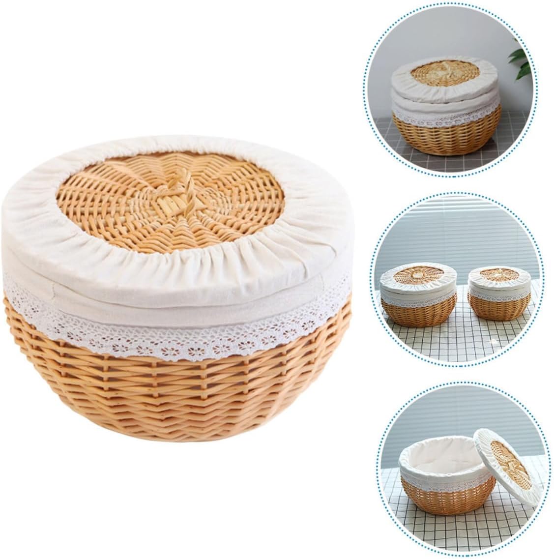Woven Bread Storage Basket with Pure White Liner, Medium 30cm Diameter, Rattan Food Storage Basket for Kitchen and Dining Table, Household Fruit and Snack Organizer