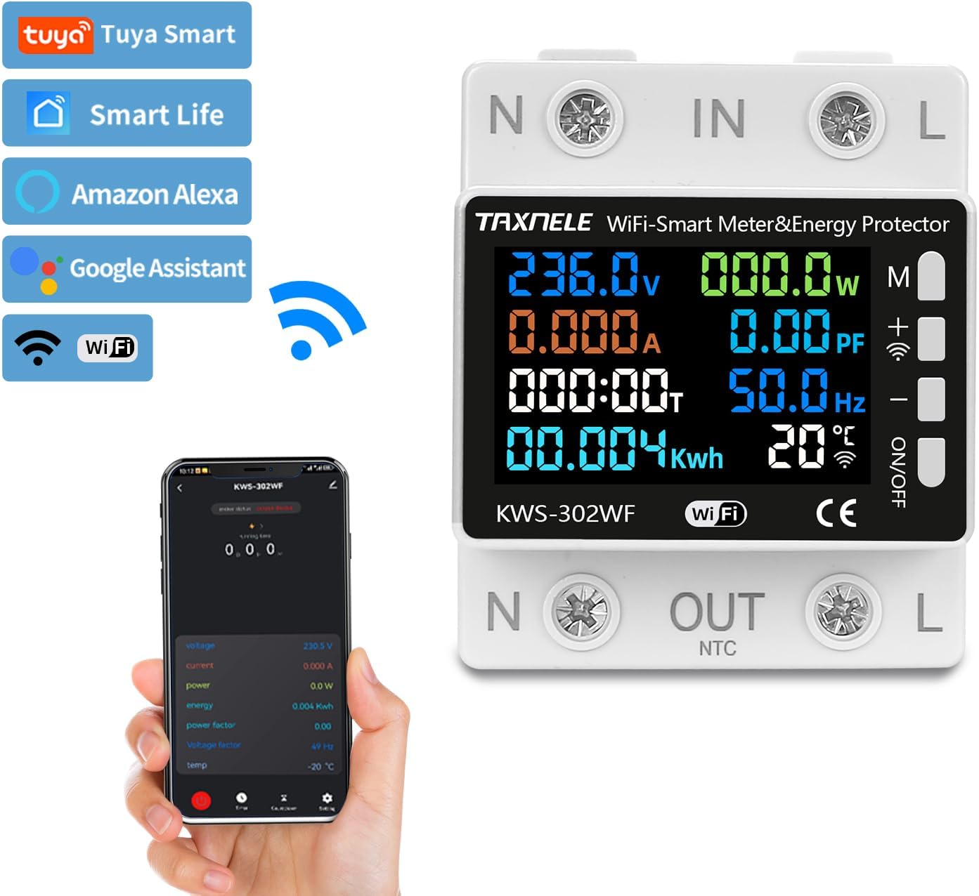 TAXNELE KWS-302WF Smart Power Meter with logos for Tuya Smart, Smart Life, Amazon Alexa, and Google Assistant, indicating compatibility, and a smartphone displaying the app interface.