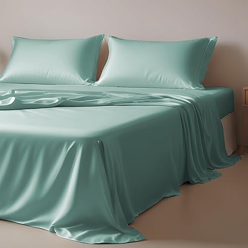Miniatura 9 de Linenwalas Juego de sábanas de tamaño matrimonial de eucalipto, sábanas de seda Tencel transpirables y refrescantes, sábanas de lujo para hotel,
