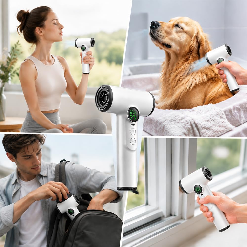 Akku Haartrockner, 200W Tragbarer Akku Föhn mit Digitalem Bildschirm, 100 Temperaturen &Geschwindigkeiten, 15600mAh Aufladung Reisefön Kabellos Tragbarer Haartrockner für Reisen, Camping, Schlafsäle
