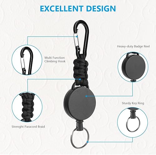 Miniatura 4 de AOMIG Paquete de 2 carretes retráctiles resistentes con cable de acero y clip de mosquetón, carrete de clip de identificación retráctil, llavero