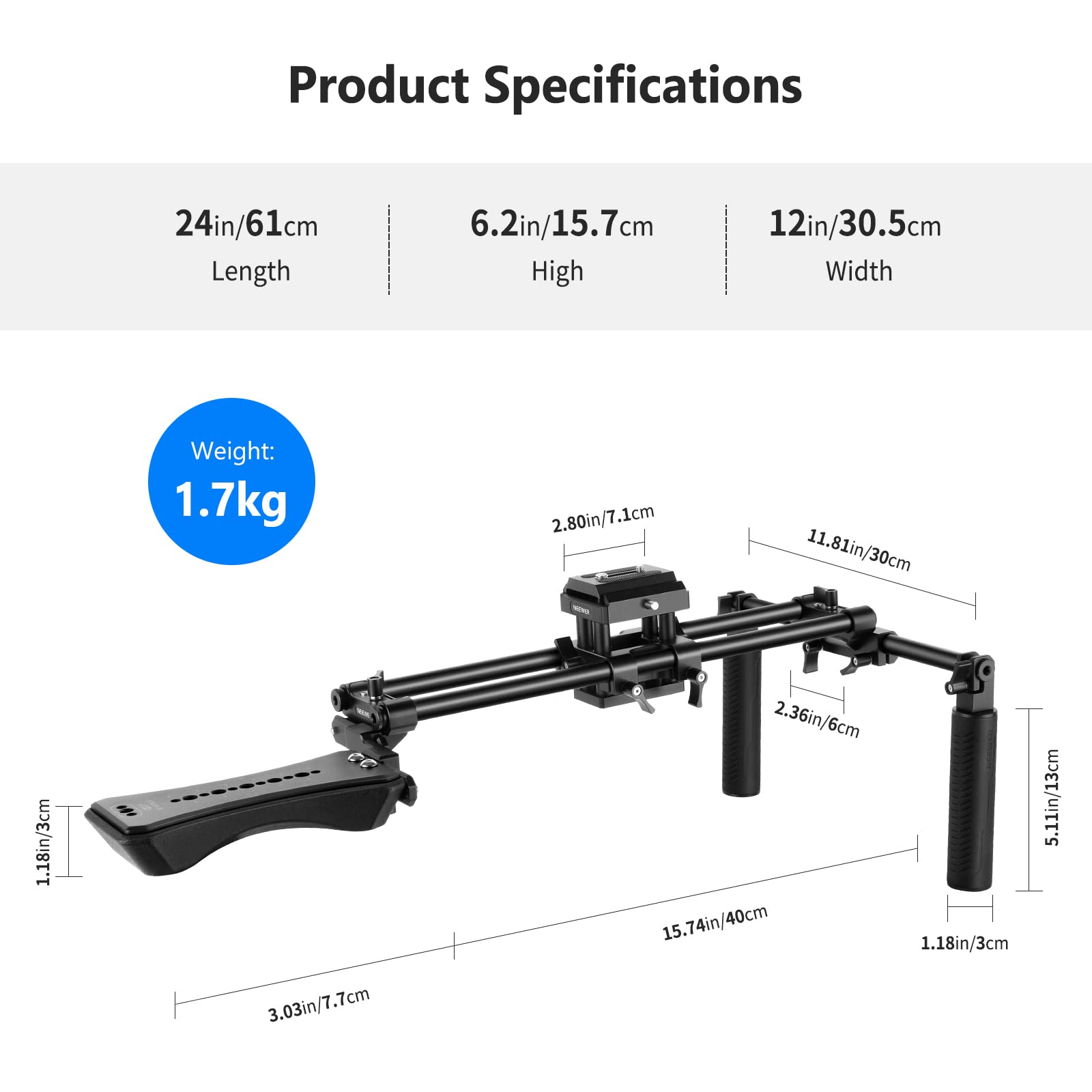 NEEWER Universal-Kamera-Schulterhalter,Kamera-Schulterhalter aus Aluminiumlegierung,Videofilmsystem mit beweglich Schulterpolster,15mm-Stange,1/4"3/8"QR-Platte für spiegellos DSLRKamera-Camcorder-ST34