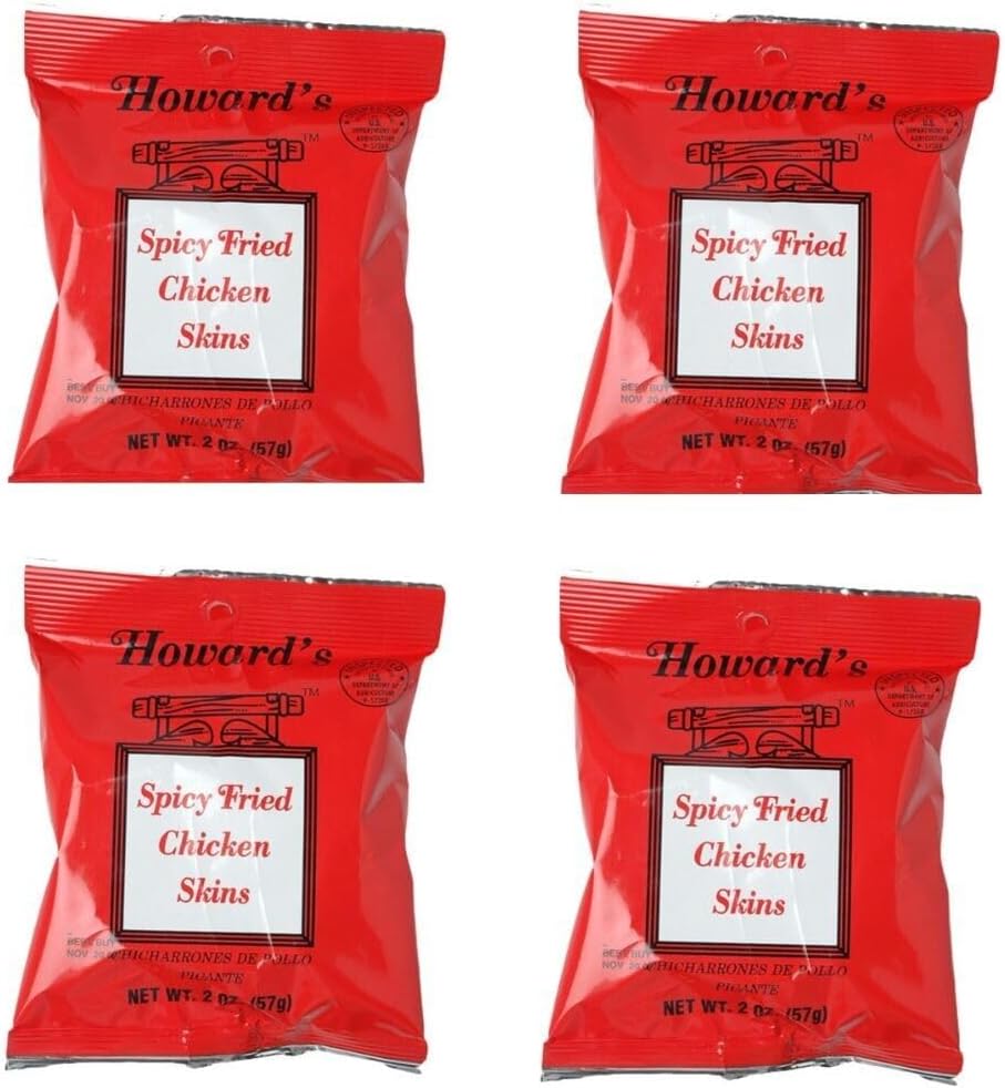 Howard's Spicy Crispy Fried Chicken Skins - Chicharrones de Pollo, 1.5oz, Pack of 4