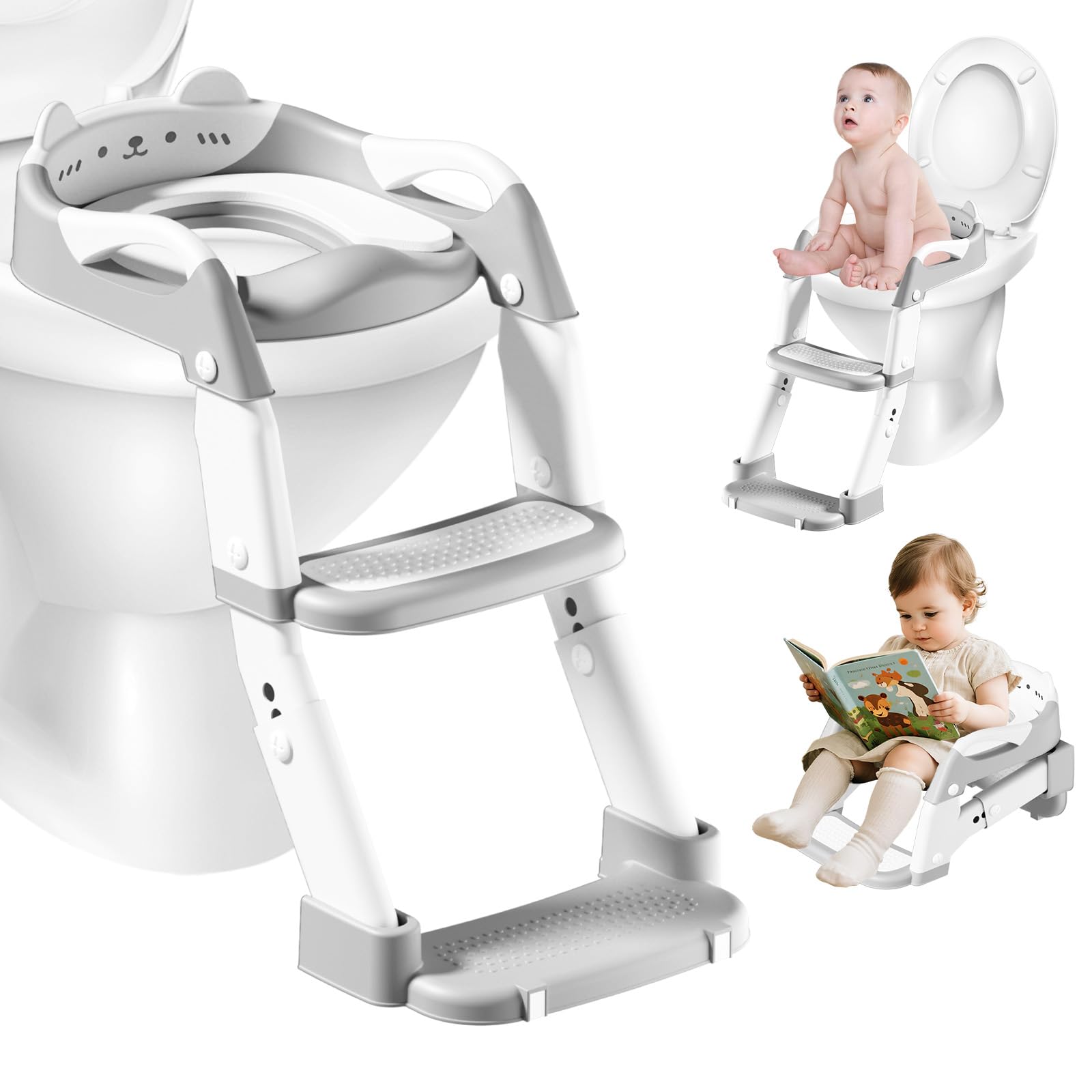 Bizcasa Toilettenleiter für Kinder, 3-in-1 Kinder Toilettensitz Toilettentrainer mit Treppe und Griffe, Höhenverstellbar Bequemer Sicherer Toilettensitze, Klappbar WC Sitz Töpfchentrainer (Grau)