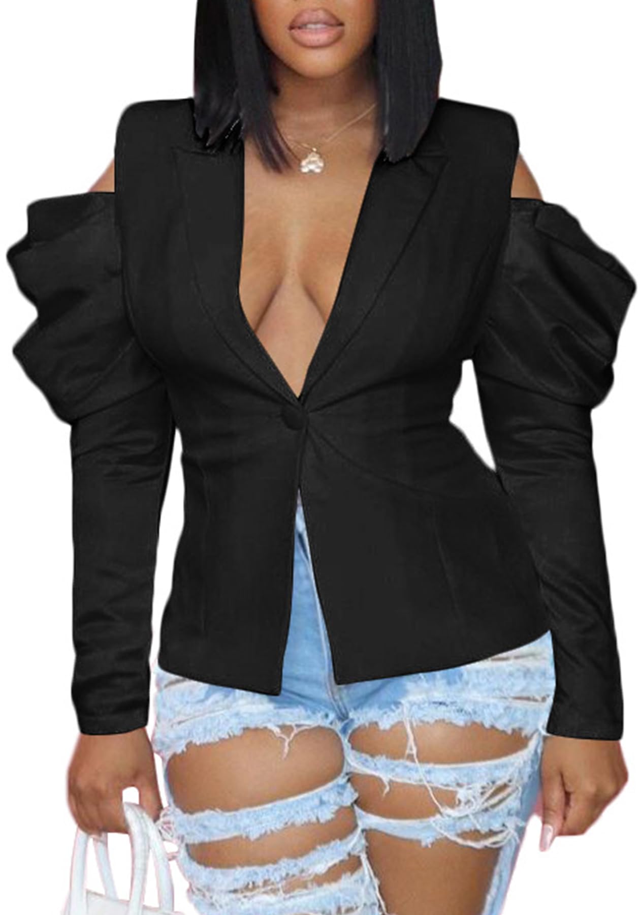 LKOUS Womens Fall Sexy Blazers Puff Long Sleeve Lapel Open Front Work Office Suit Jacket