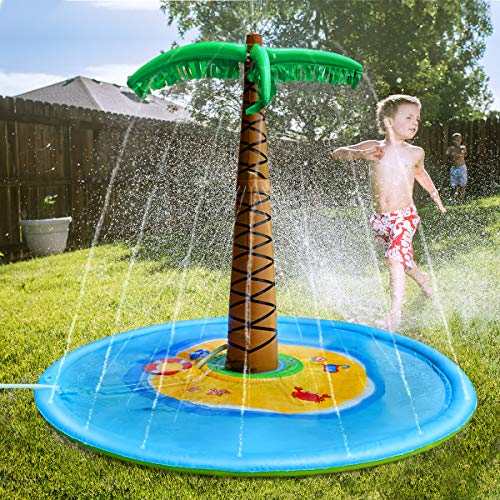 Fane Palm Tree Sprinkle and Splash Water Play Mat, Inflatable 70\'\' Water Play Spray Mat Toy Outdoor Backyard Party Sprinkler for Kids Summer Gift