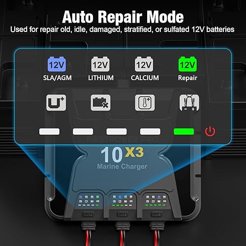 Miniatura 7 de FirstPower Pro Cargador de batería marina de 10X3 3 bancos, 30 A (10 Abanco)  Cargador de barco a bordo impermeable de 12 V, mantenedor de batería y