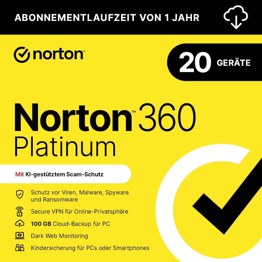 Norton 360 Platinum 2026 | 20 Geräte | 1 Jahr | Aktivierungscode per Email