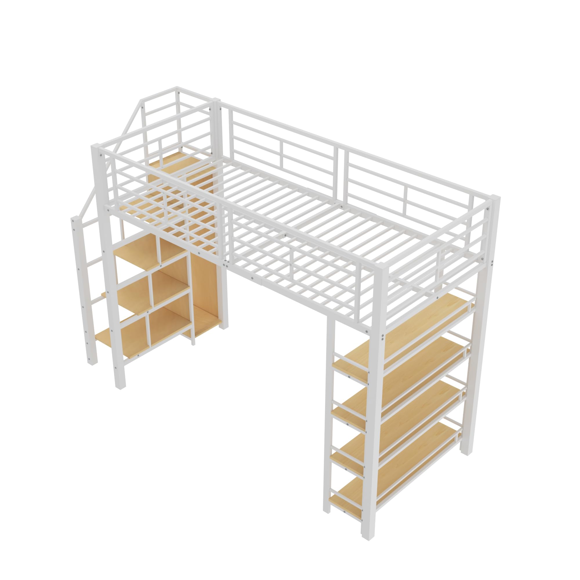 Letto a soppalco 90 x 200 cm, con scala di sicurezza, vano portaoggetti e piccolo armadio, ripiani, design a recinzione, letto singolo, letto per ragazzi (bianco, 90 x 200 cm)