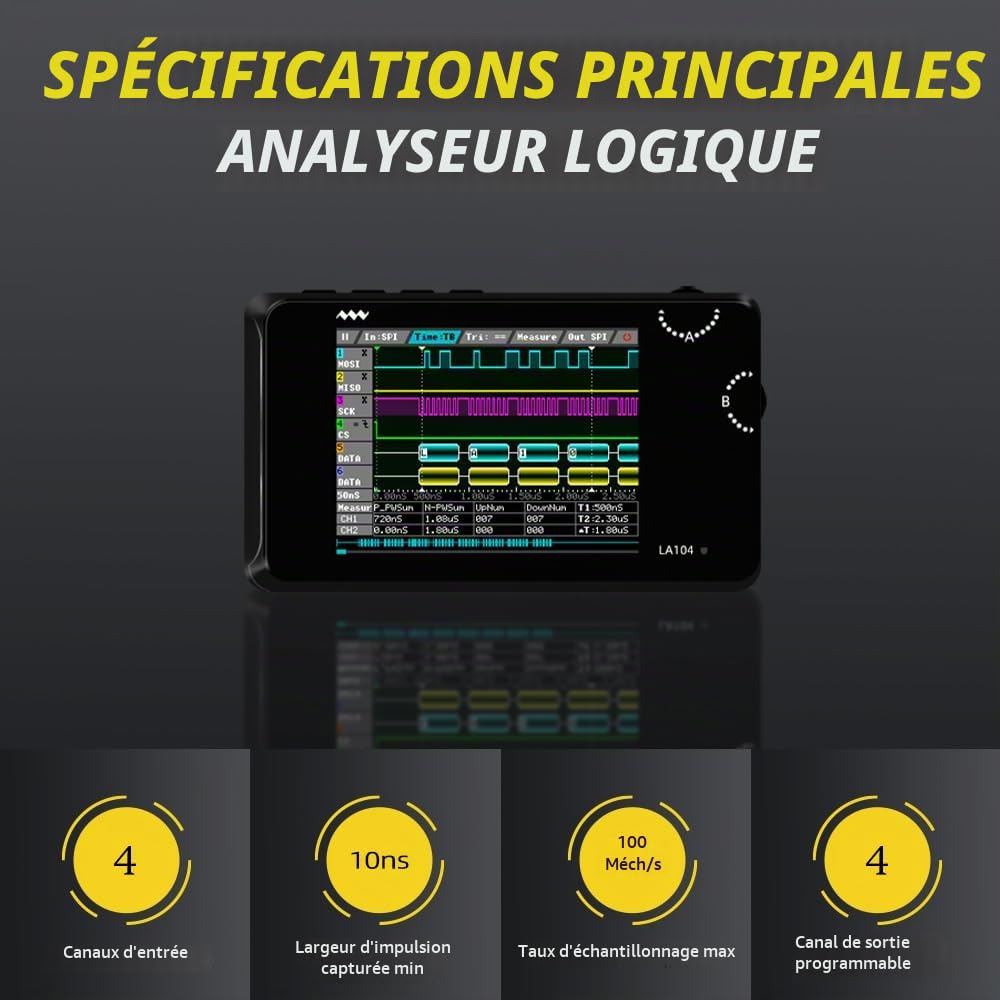 MINIWARE Analyseur Logique de Poche LA104, Mini Taille Portable, Batterie Rechargeable Intégrée, 4 Canaux, Taux d'échantillonnage Max 100Msa/s, Protocole SPI/I2C/UART, Niveau d'Entrée pour Débutant