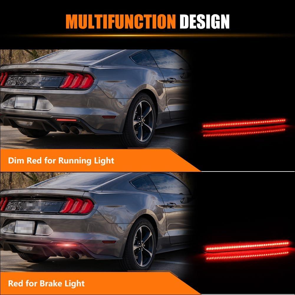 LED Rear Bumper Reflector Light for 2015 2016 2017 Fo-rd Mu-stang, 3-in-1 with Smoked Lens Turn Signal & Rear Brake & Driving Light, 72-SMD LED Bumper Reflector Light, 2 PCS