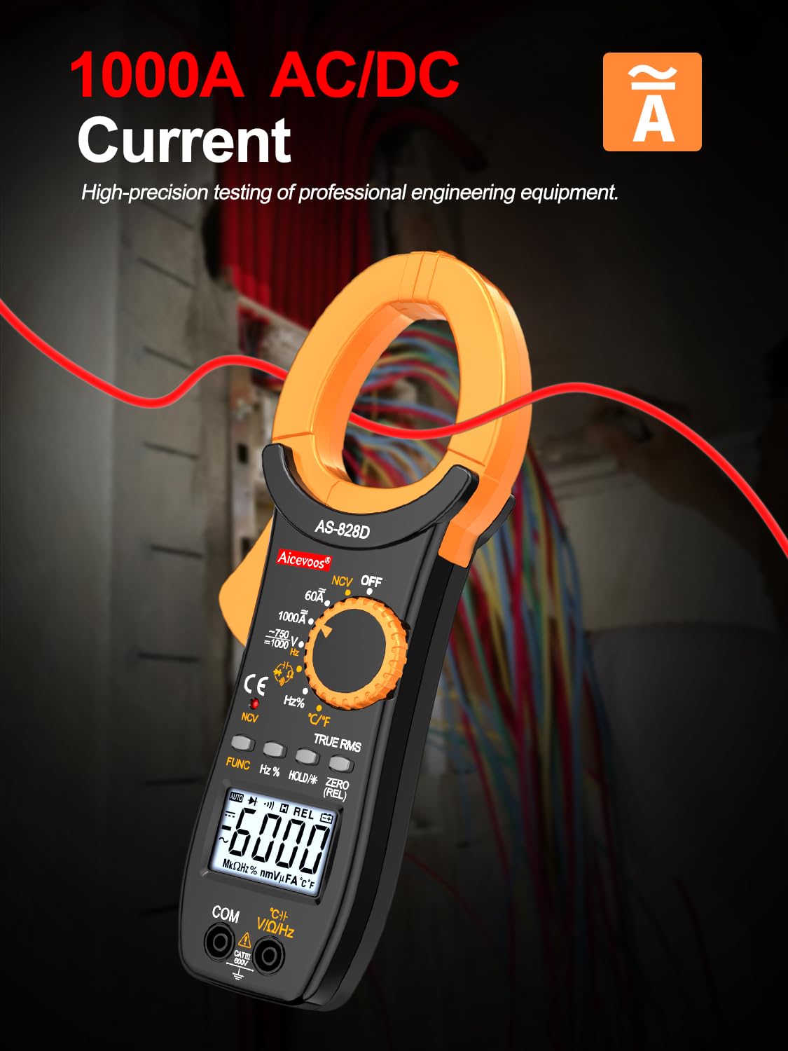 Stromzange Strommesszange Zangenamperemeter ac dc Strom 1000A True-RMS Auto-Ranging, misst Strom Spannung Temperatur Kapazität Widerstand Dioden (AC/DC Strom)