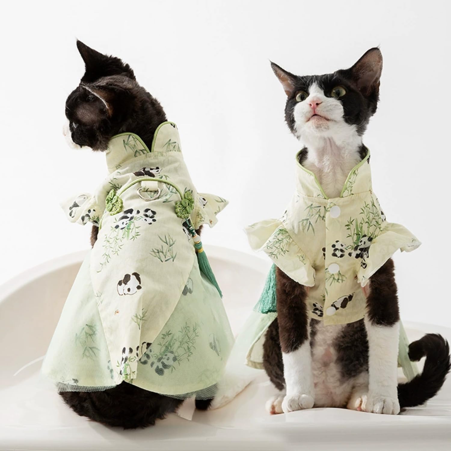 2PCS Panda and Bamboo Print Pet Outfit Set – Includes Female Dog Dress with Chinese Knot Tassel and Male Dog Shirt, Soft Cotton Pet Clothes with D-Ring for Small Dogs and Cats(2PCS A,Small)