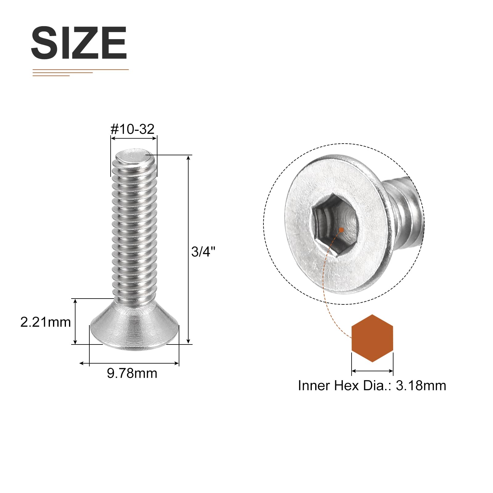 DTGN #10-32 x 3/4" Flat Head Socket Cap Screws, 50 Pack 304 Stainless Steel Hex Socket Flat Head Screws, Full Thread, Countersunk Bolts - Image 2