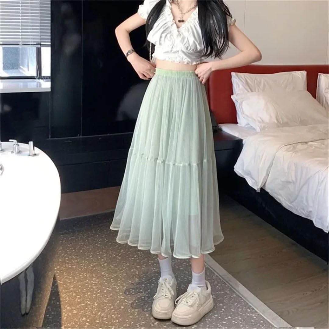 Gonna da donna a pieghe a vita alta, in tulle, stile Harajuku, linea ad A