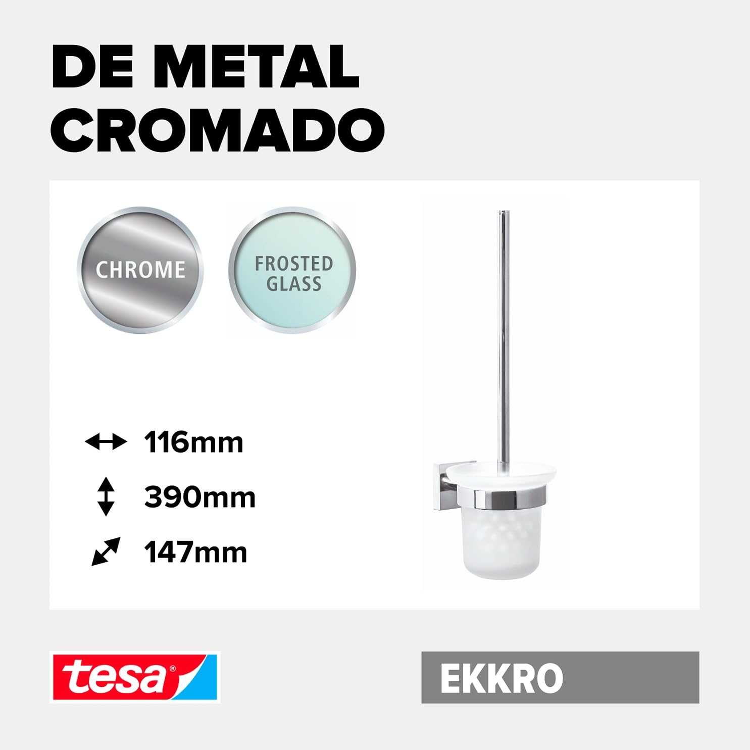 tesa Ekkro Escobilla de baño, metal cromado brillante, tecnología autoadhesiva de montaje en pared, 390 x 116 x 147 mm