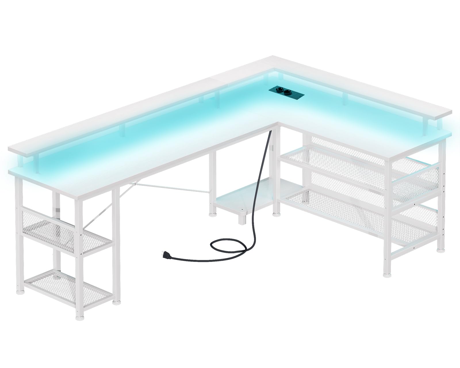 ODK Tavolo da gioco reversibile con LED, scrivania angolare 168×120 cm bianca con 2 prese e 2 porte di ricarica USB, tavolo angolare con ampio spazio di archiviazione, elegante e funzionale