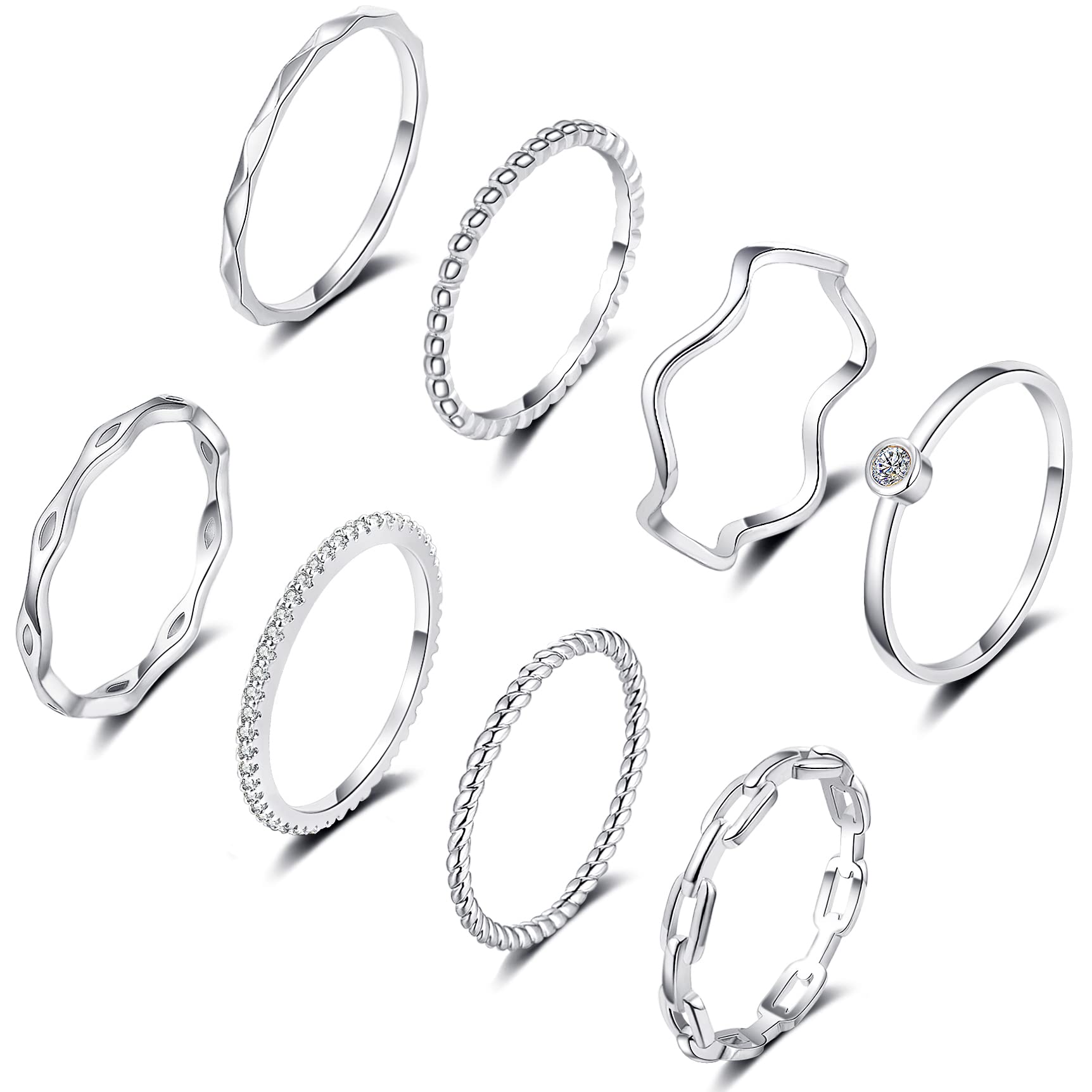 FUNEIA 8PCS 14K Gold Plated Stacking Rings for Women Simple Dainty Silver Stackable Knuckle Thumb Rings Set Cubic Zirconia Thin Plain Band Wedding Promise Eternity Statement Rings Size 4-12