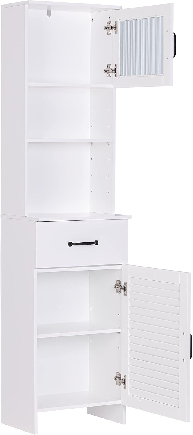 Spirich Tall Bathroom Storage Cabinet, Floor Narrow Linen Cabinet with Single Door and Drawers, Freestanding Wood Cabinet for Bathroom, Living Room, Kitchen, Whtie