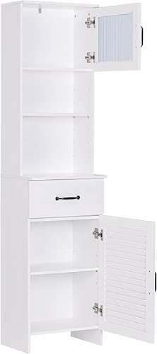 Miniatura 13 de Spirich Armario de almacenamiento alto para baño, armario de almacenamiento de piso con puertas dobles y cajones, gabinete de madera independiente