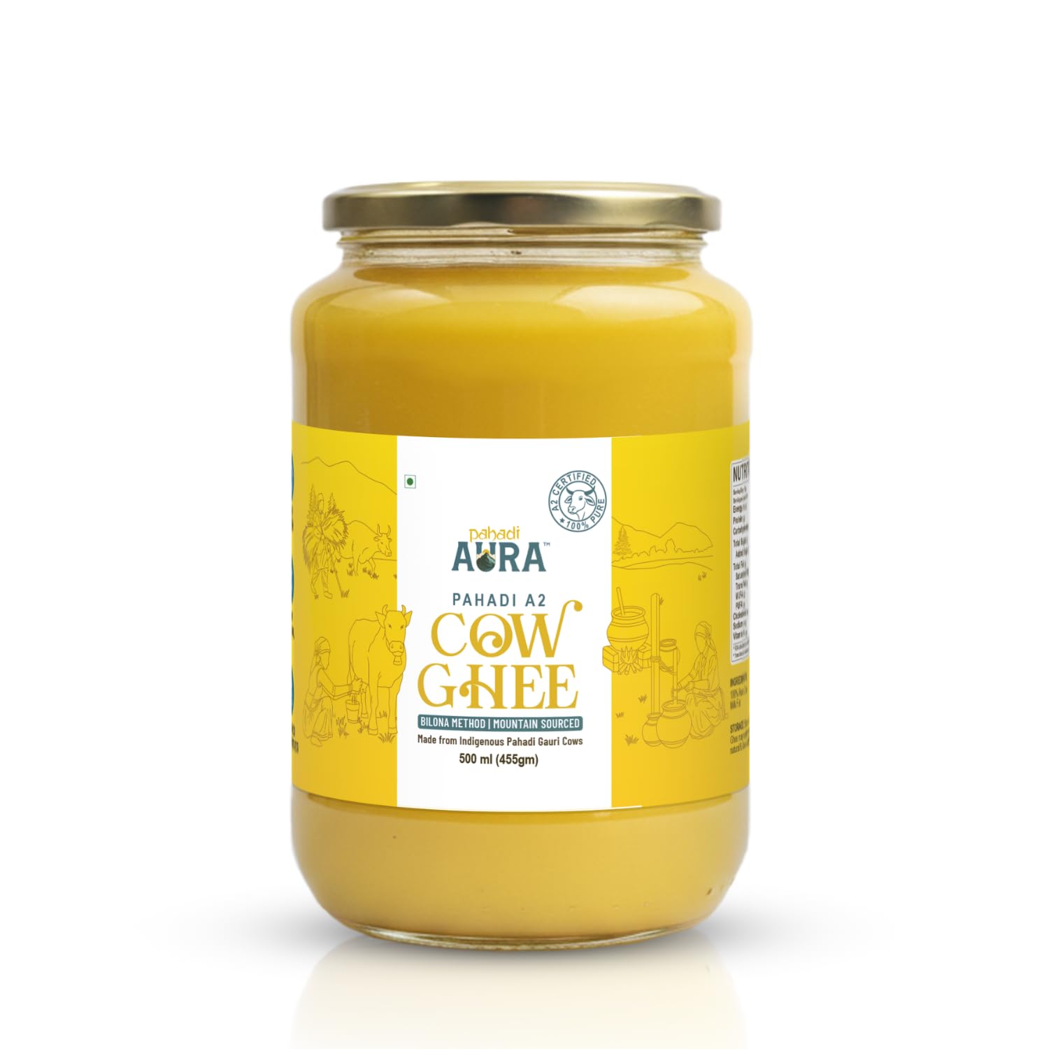 Pahadi Aura A2 Bilona Ghee (500 ML) | Pure A2 Pahadi Cow Ghee | Traditional Bilona Method | Free-Grazing Pahadi Gauri Co