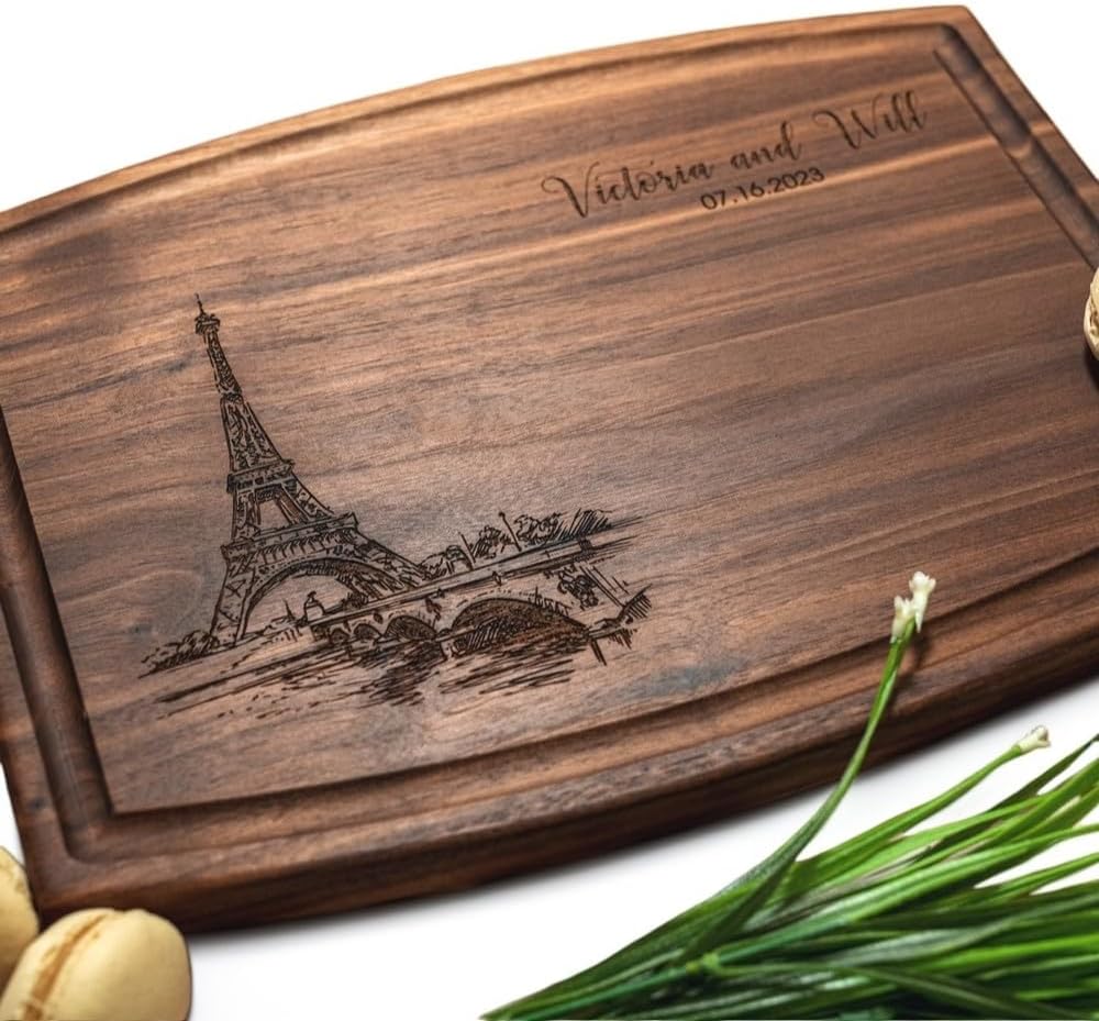 Personalized Cutting Board, Custom Wedding, Anniversary or Housewarming Gift Idea, Wood Engraved Charcuterie, for Friends and Couples, Paris Eiffel Tower Design 047