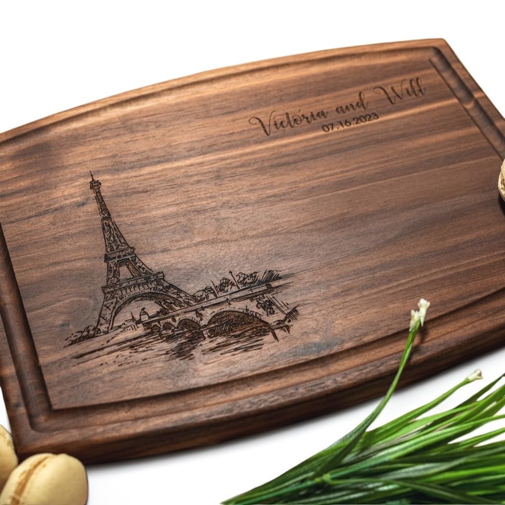 Personalized Cutting Board, Custom Wedding, Anniversary or Housewarming Gift Idea, Wood Engraved Charcuterie, for Friends and Couples, Paris Eiffel Tower Design 047