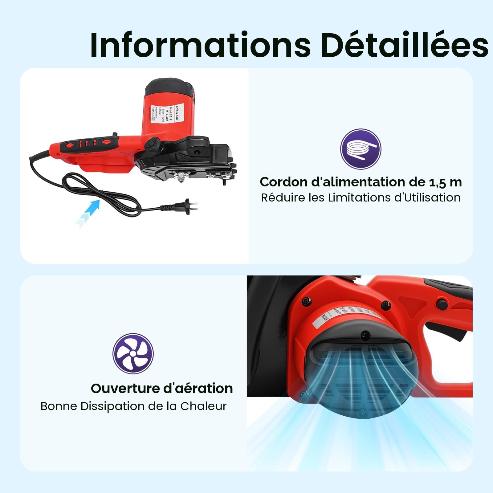 Tronçonneuse électrique 2000W 16 pouces, tronçonneuse filaire avec moteur en cuivre complet 800 tr/min, tronçonneuse à bois électrique à lubrification automatique pour le bois de chauffage et le