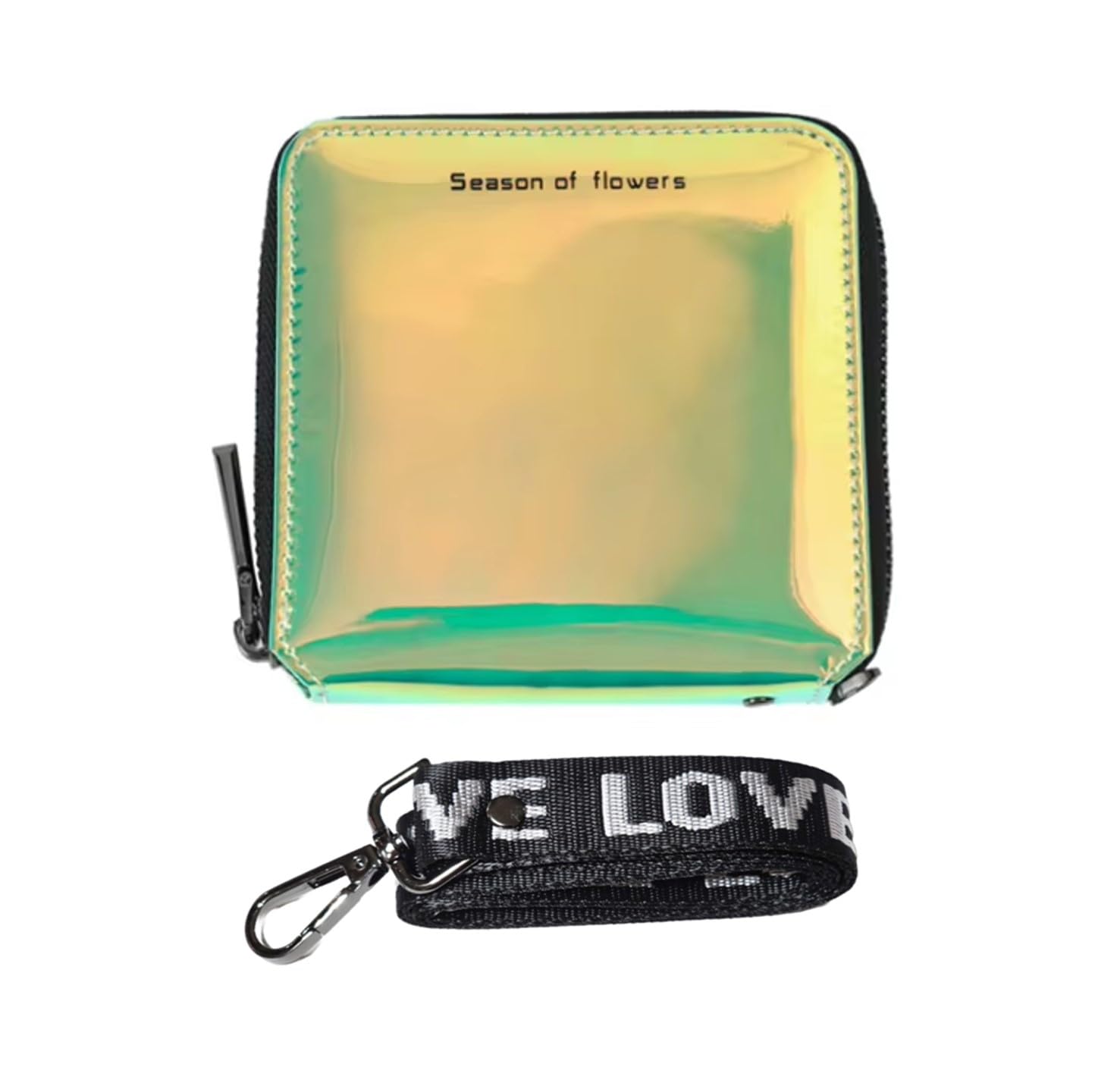 Women PU Faux Leather Fashion Holographic Shiny Laser Zip Around Wallets Coin Purse with Neck Lanyard with Neck Lanyard (Green)