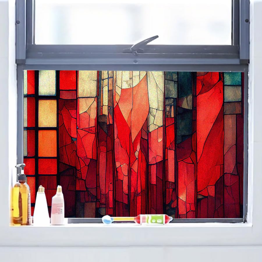 Geometrische Fensterfolie Rot Milchglasfolie Ohne Klebstoff Blickdicht Sichtschutz Anti UV für Büro - 45x100 cm
