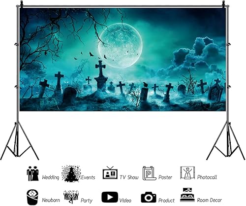 Miniatura 2 de Laeacco Telón de fondo espeluznante de 10 x 5 pies, cielo nublado de luna llena de Halloween, fiesta nocturna, murciélagos, cuervos, terrible