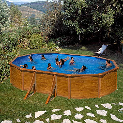 Planet Pool Stahlwandpool Set oval Classic 500x300x120 cm, Stahl 0,45 mm Holzoptik, Folie 0,3 mm blau, Overlap