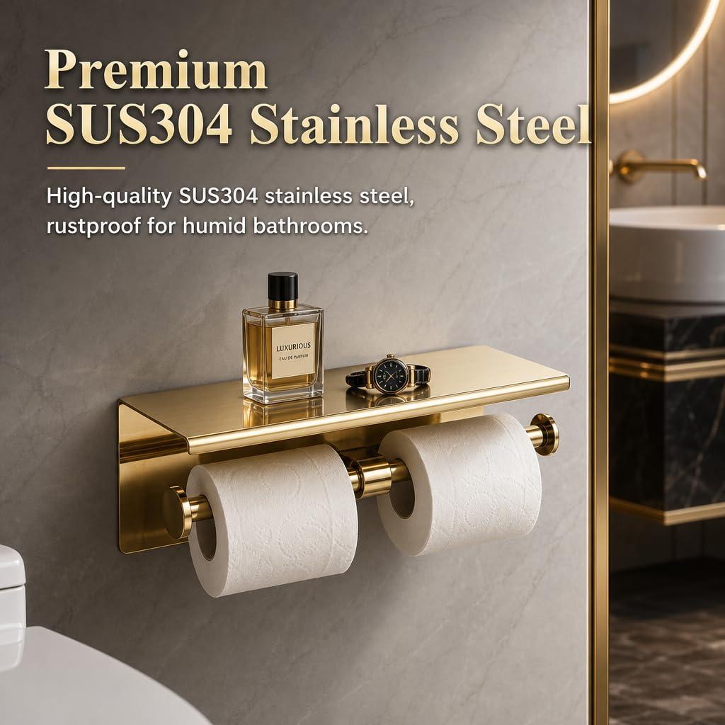 Toilet Paper Holder with Shelf, Stainless Steel, Holds 2 Rolls, Gold — Amazon image 2
