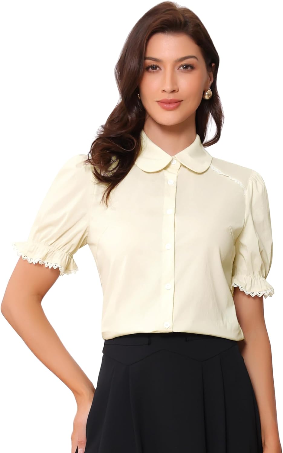 Allegra K Peter Pan Collar Shirt for Women 2026 Vintage Puff Short Sleeve Button Down Blouse Tops