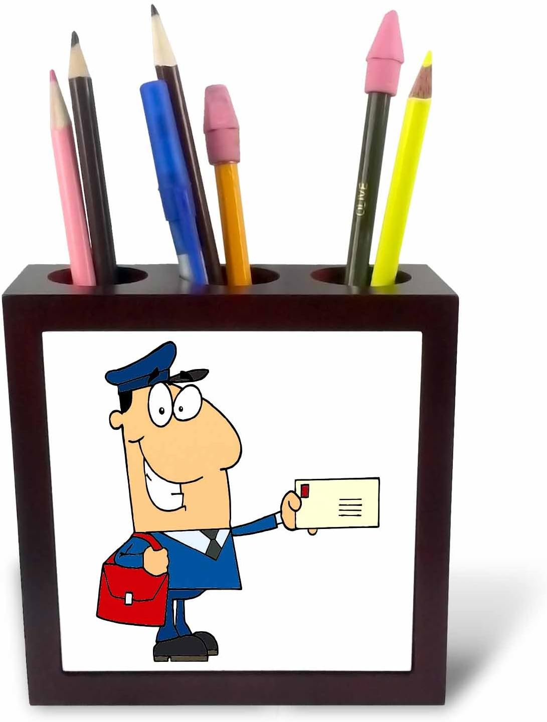3dRose ph_118752_1 Happy Mailman Postal Worker Delivering Letter Tile Pen Holder, 5-Inch