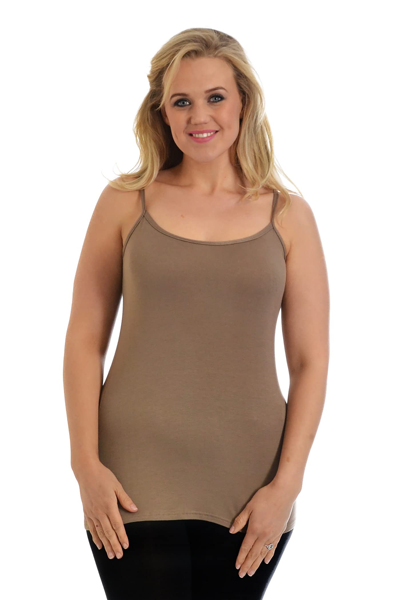 Purple Hanger Women's Mocha New Plain Sleeveless Stretch Round Scoop Neckline Long Strappy T-Shirt Camisole Vest Tank Top (18-20, )