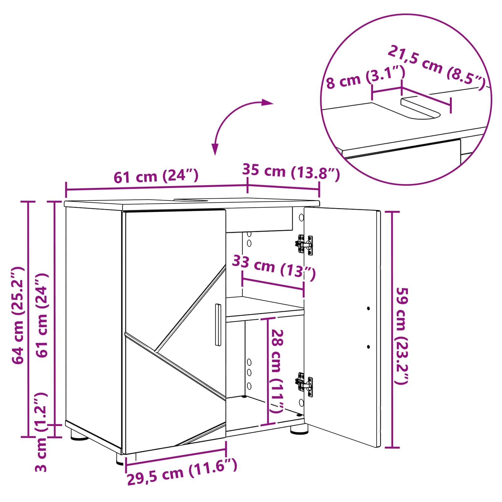 Armoire de salle de bain en chêne Sonoma avec espace de rangement 61 x 35 x 64 cm, bois et métal, autonome avec 2 portes, meuble bas polyvalent pour salle de bain, WC d'invités, rangement et