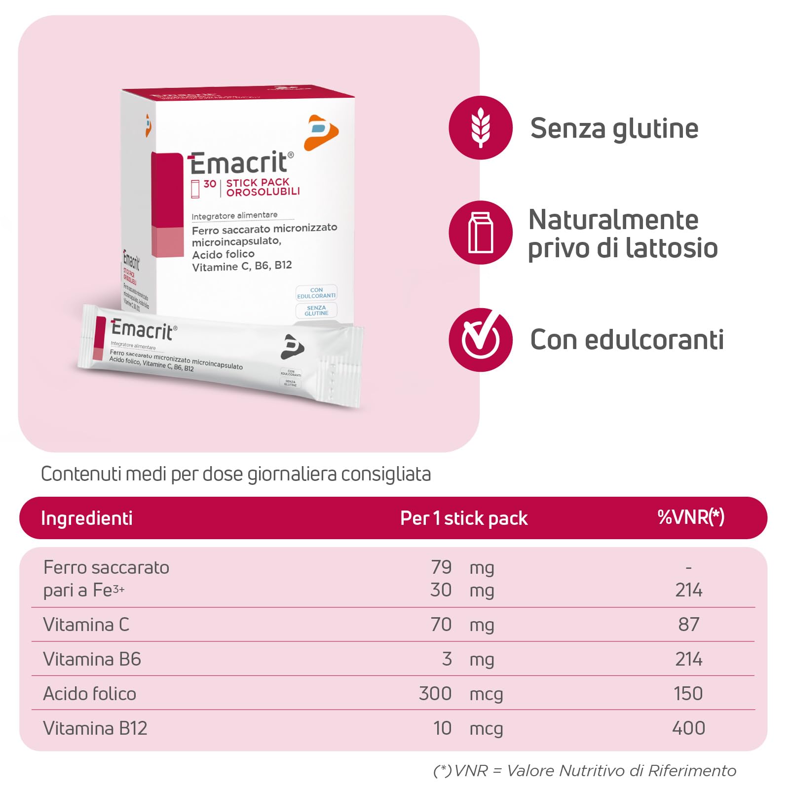 Pharma Line EMACRIT Stick – Integratore Alimentare di Ferro con Acido Folico, Vitamine C, B6 e B12 ad Alta Assimilabilità, 30 Stick Pack Orosolubili