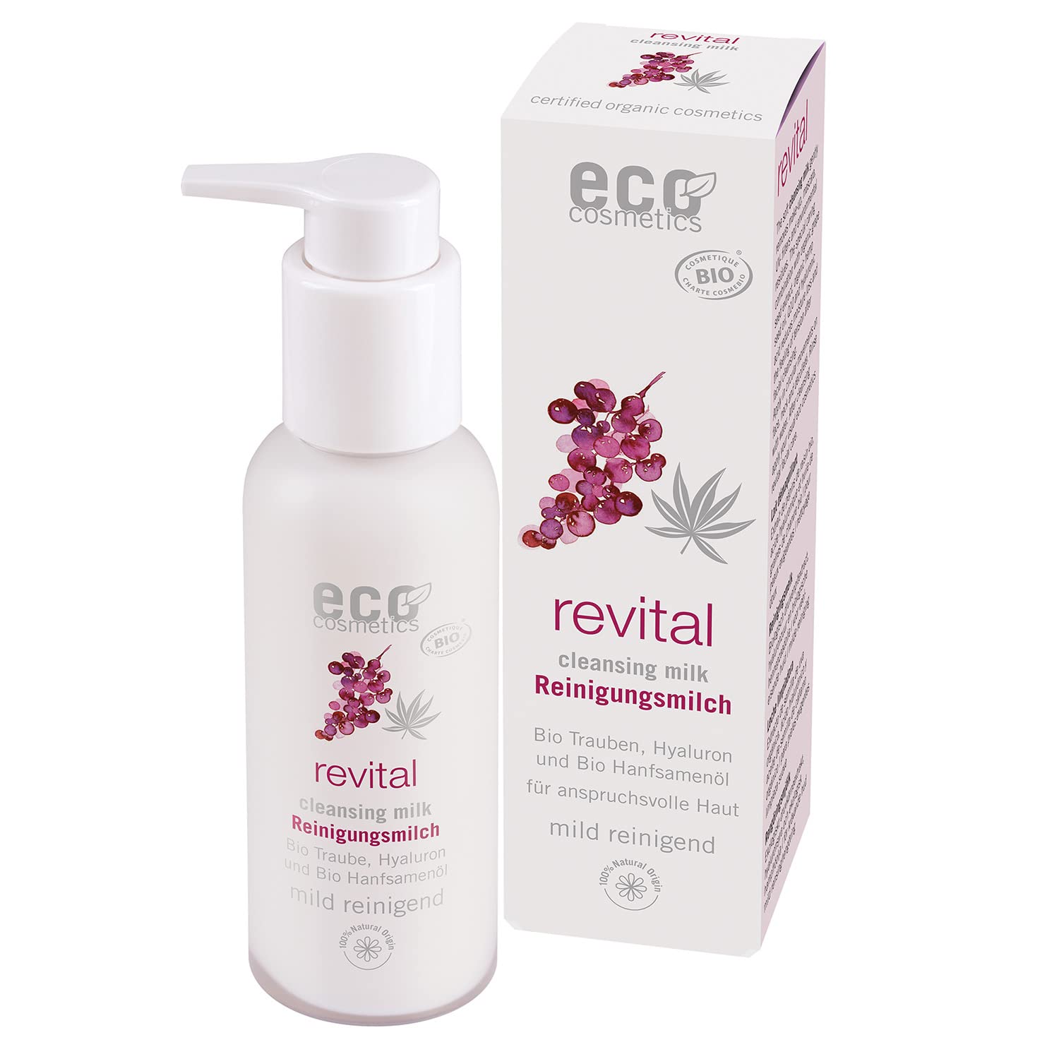 ECO Revital Latte detergente 100 ml con estratto di semi d'uva biologico, ialuronico e olio di semi di canapa biologico, Cosmos Organic