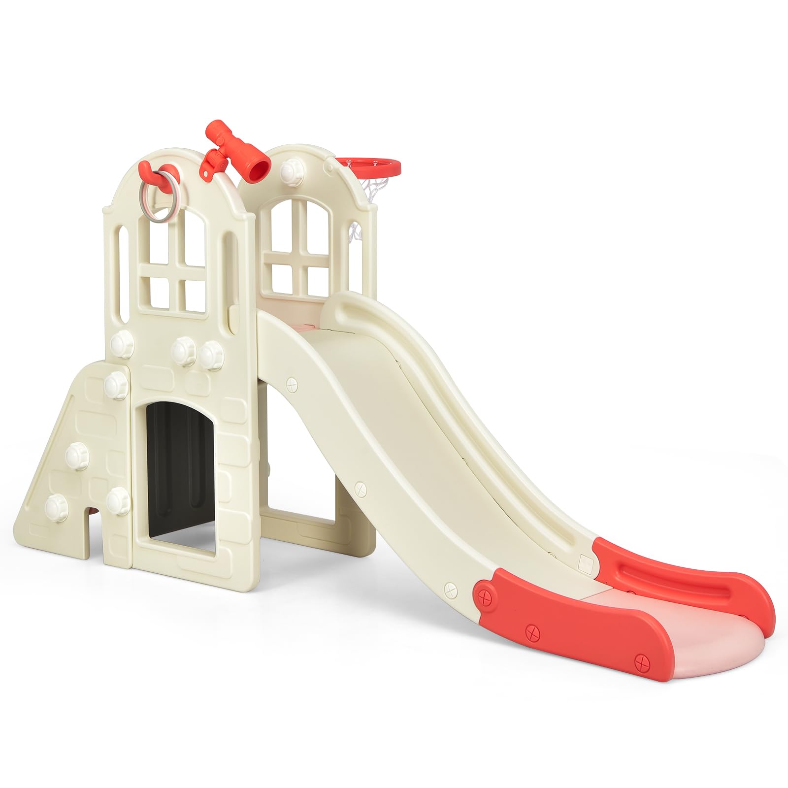 HOMASIS 6 in 1 Kinderrutsche Indoor & Outdoor, Kinder Rutsche mit Basketballkorb, Kletterleiter, Ringwurf, Tunnel, Teleskop, Babyrutsche Spielplatz Gartenrutsche für Kinder ab 3 Jahren (Rosa)