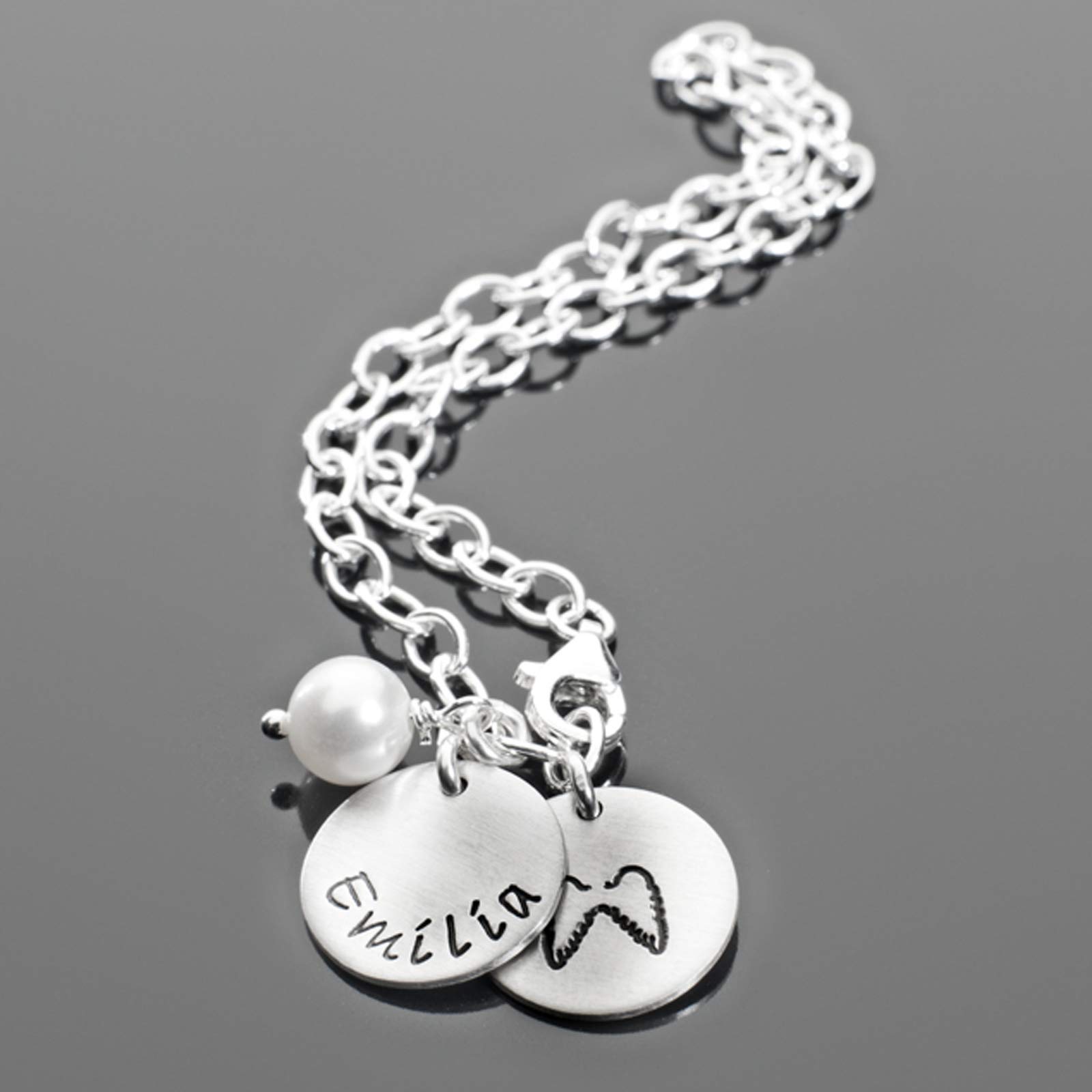 Armband mit Gravur BESCHÜTZT 925 Sterling Silber, Namensarmband, Flügel