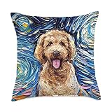 Cute Goldendoodle Starry Night Doodle Dog Art by Aja Throw Pillow