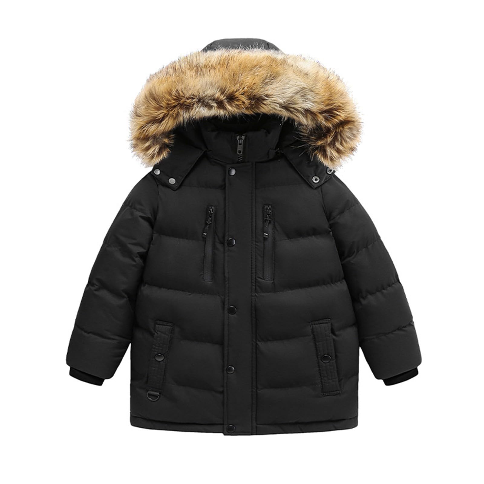 Piumino per bambini con cappuccio in pelliccia e tasche, tinta unita, giacca invernale, impermeabile, comodo, morbido, giacca a vento, giacca con cappuccio, leggera, alla moda, per attività all'aria